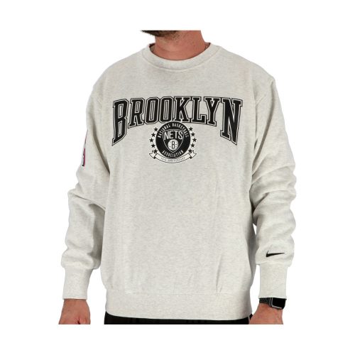 NIKE BROOKLYN NETS COURTSIDE 75TH FLEECE CREW BIRCH HEATHER/WHITE/BLACK